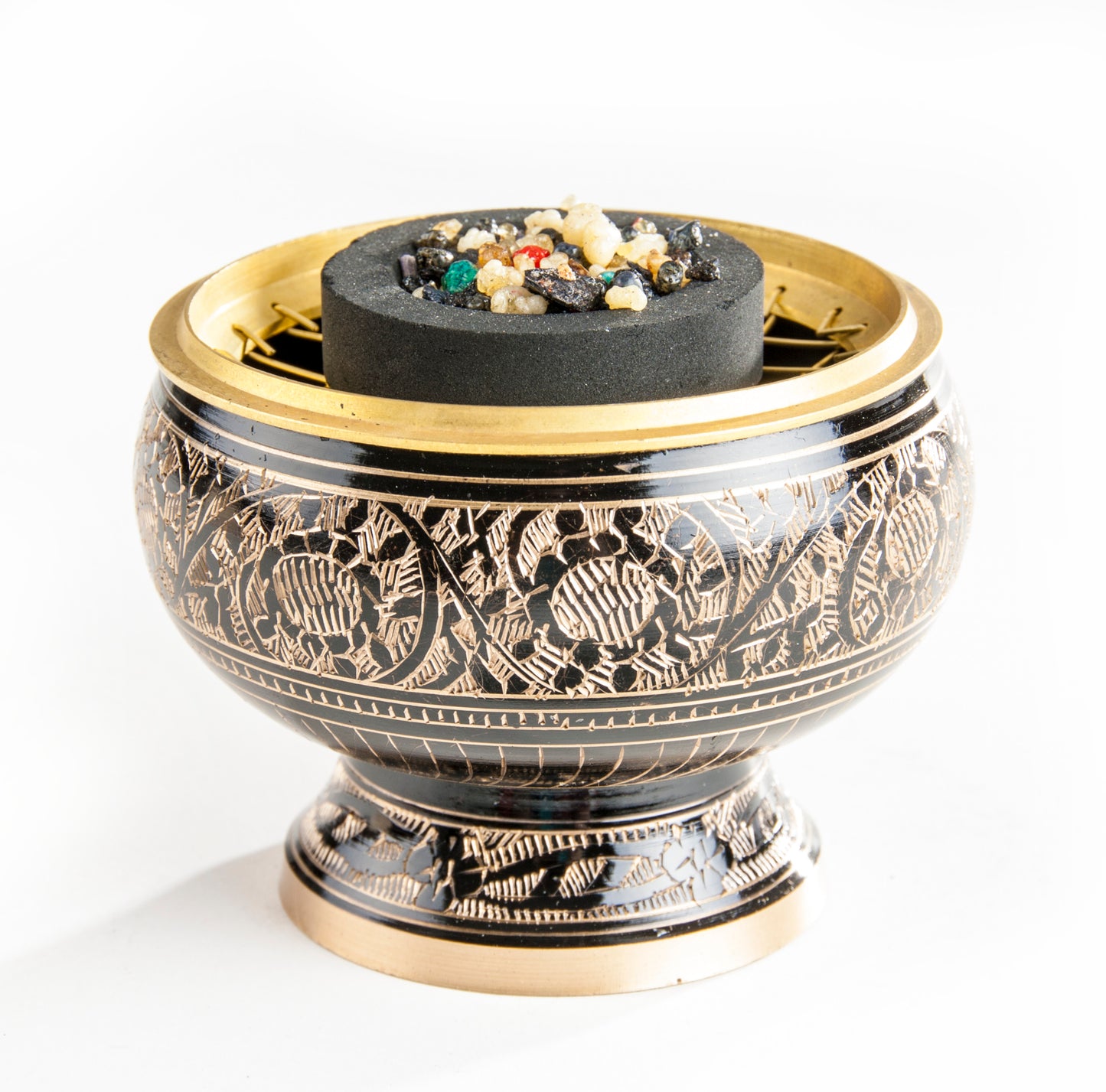 Messing-Räuchergefäss mit Netz schwarz / gold