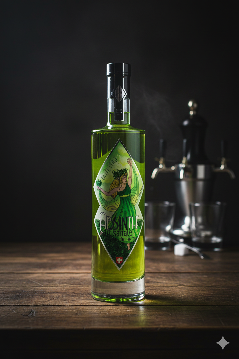 Stimmungsbild Fée Verte – traditionelle, handwerkliche Atmosphäre mit Fokus auf Kräutern und grüner Absinthfarbe