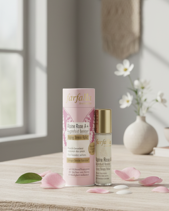 Stimmungsbild Farfalla Augenfluid – natürliche, entspannte Szene mit Fokus auf Pflege, Alpenrose und Wildrosenöl