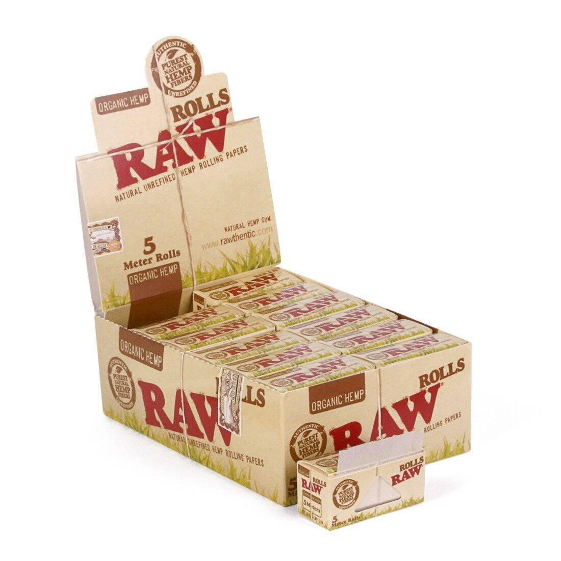 RAW Organic Hemp Rolls Slim 5 m – ungebleichtes Bio‑Hanfpapier, ultradünn, vegane Akaziengummierung, 4.4 cm breit