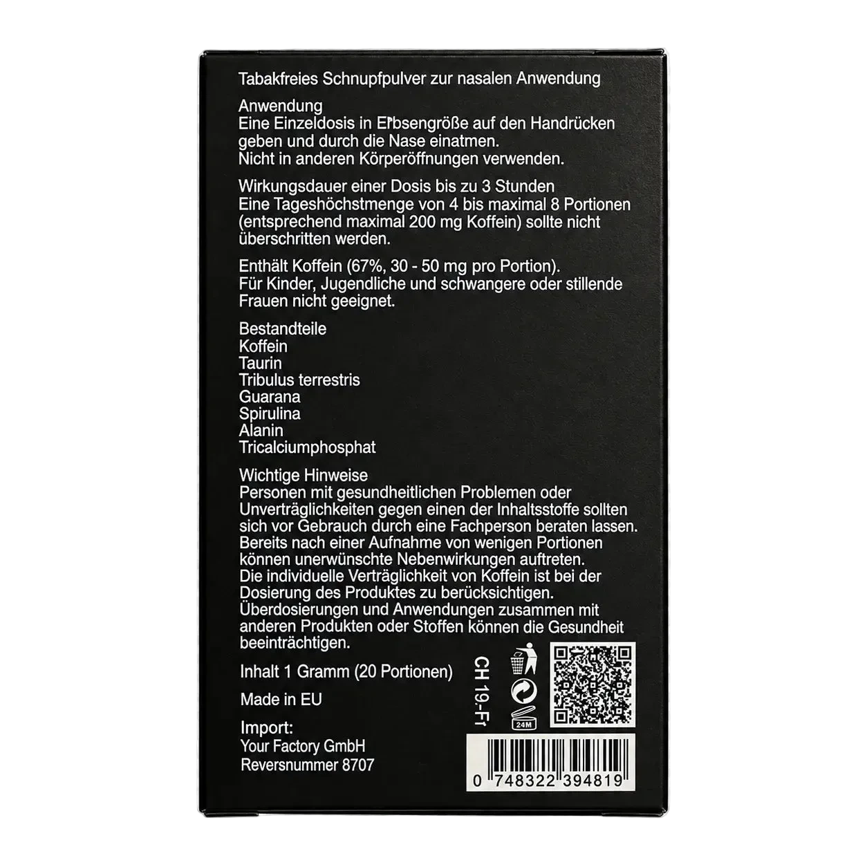 Magic Patron Energy Sniff Packung Rückseite mit Anwendungshinweisen und Inhaltstoffen