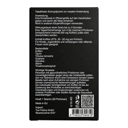 Magic Patron Energy Sniff Packung Rückseite mit Anwendungshinweisen und Inhaltstoffen