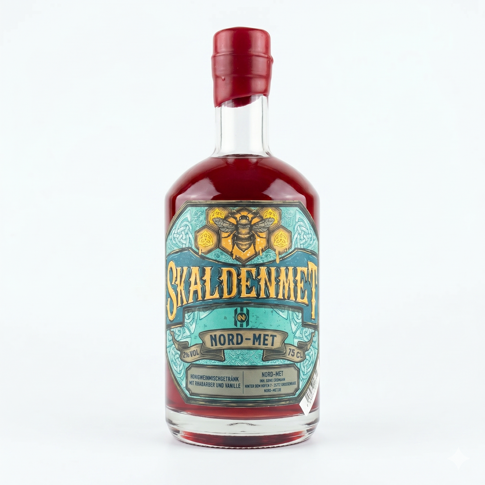 70cl Flasche Nord-Met  Skaldenmet Honigwein mit Rhabarber & Vanille vor weissem Hintergrund