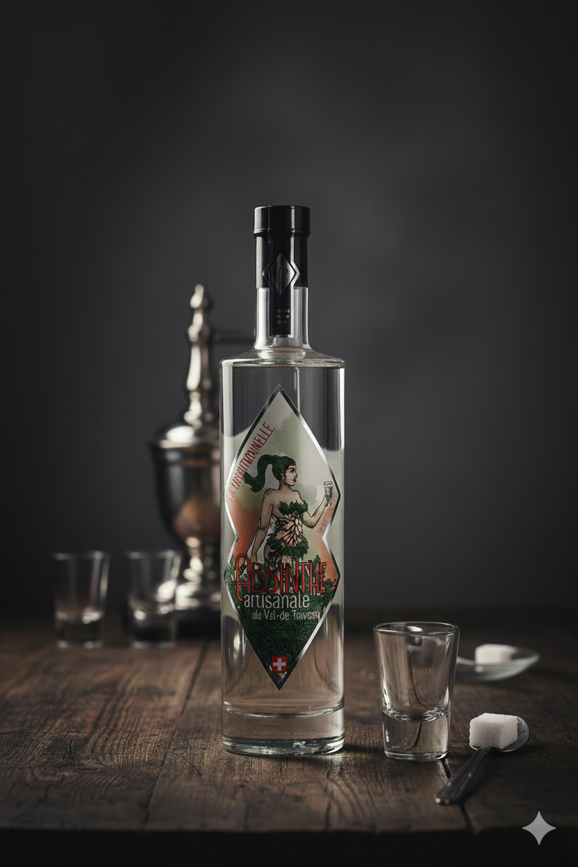 Stimmungsbild Absinthe Traditionelle – traditionelle, handwerkliche Atmosphäre mit Fokus auf Kräutern und Val-de-Travers