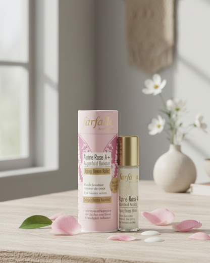 Stimmungsbild Farfalla Augenfluid – natürliche, entspannte Szene mit Fokus auf Pflege, Alpenrose und Wildrosenöl