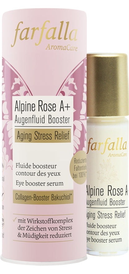 Farfalla Augenfluid Booster Alpine Rose A+ – straffendes Roll-On mit Bakuchiol, Alpenrose und kühlender Rosenquarz-Kugel