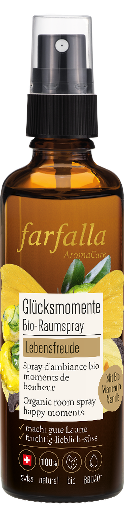 Farfalla Bio-Raumspray Glücksmomente – 75 ml Braunglasflasche mit Vanille, Mandarine, Orange und Kakao