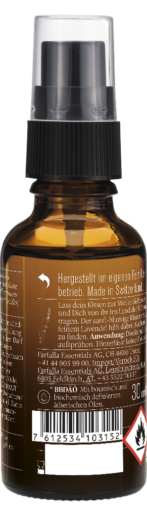 Rückseite Farfalla Kissenspray Schlaf schön – Gute Nacht, 30 ml Braunglasflasche mit Etikett