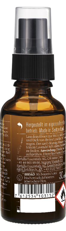 Rückseite Farfalla Kissenspray Schlaf schön – Gute Nacht, 30 ml Braunglasflasche mit Etikett