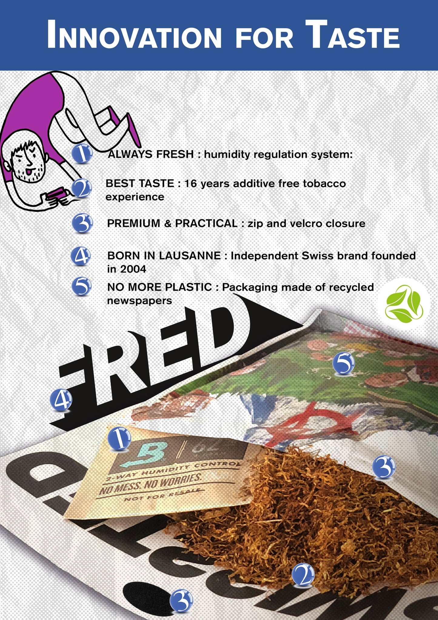 Detailbild Fred Special Blend – Nahaufnahme der Tabakfasern und des steinbasierten Zip‑Beutels