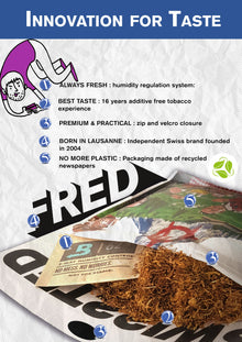 Detailbild Fred Special Blend – Nahaufnahme der Tabakfasern und des steinbasierten Zip‑Beutels