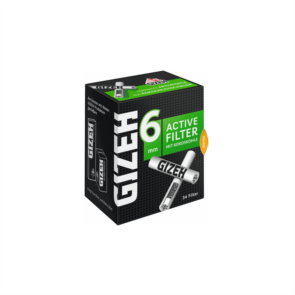 Gizeh Aktivkohlefilter 6mm 34 Stück – Slim‑Filter aus Kokosnuss‑Aktivkohle, beidseitige Keramikkappen, 2.7 cm Länge