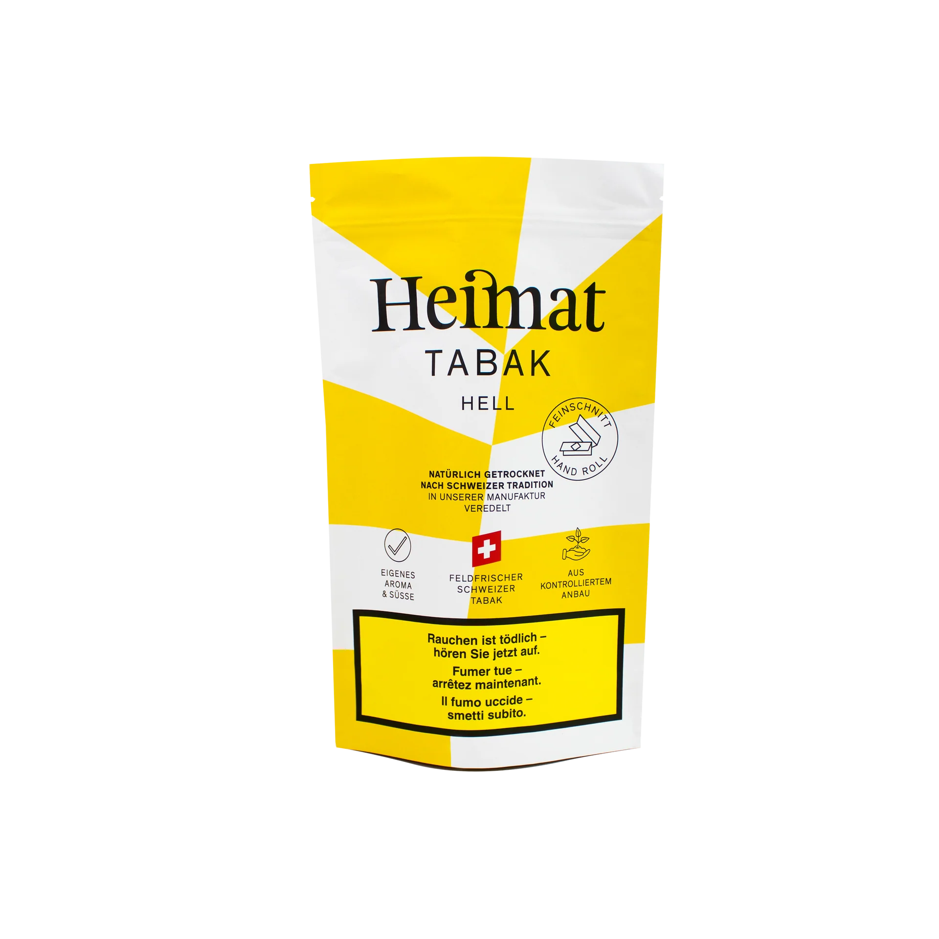 Vorderansicht des wiederverschliessbaren 80g Beutels Heimat Tabak Hell