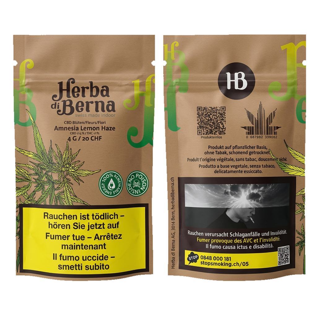 Herba di Berna | Amnesia Lemon Haze Indoor CBD | 4g Beutel Front & Back