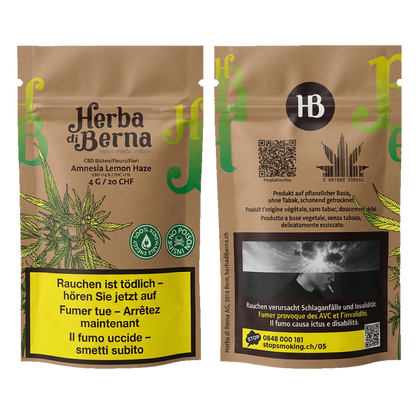 Herba di Berna | Amnesia Lemon Haze Indoor CBD | 4g Beutel Front & Back