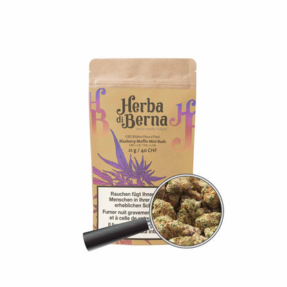 Blueberry Muffin Mini Buds 21g – Indoor CBD‑Blüten mit süss‑säuerlichem Blaubeer‑Aroma und Muffin‑Note, 15% CBD, pestizidfrei
