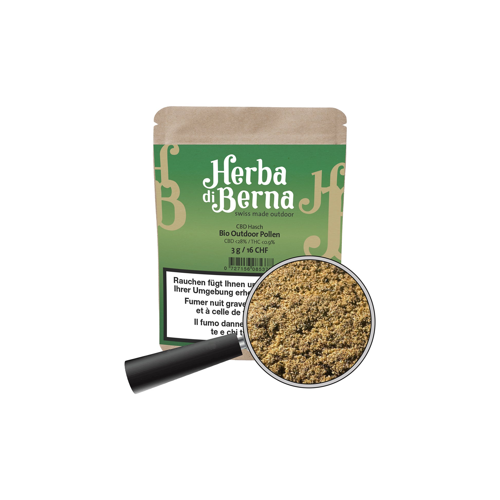 Herba di Berna CBD Hasch Bio Outdoor Pollen 3g – luftige, weiche Konsistenz, würzig‑florales Aroma, 28% CBD