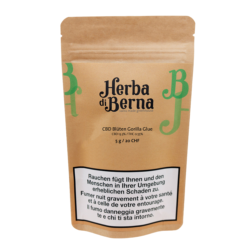 Herba di Berna Gorilla Glue Greenhouse 5g – grosse, harzige CBD-Blüten mit holzig-süssem Aroma und fruchtigen Beerennoten