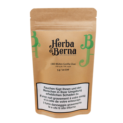 Herba di Berna Gorilla Glue Greenhouse 5g – grosse, harzige CBD-Blüten mit holzig-süssem Aroma und fruchtigen Beerennoten