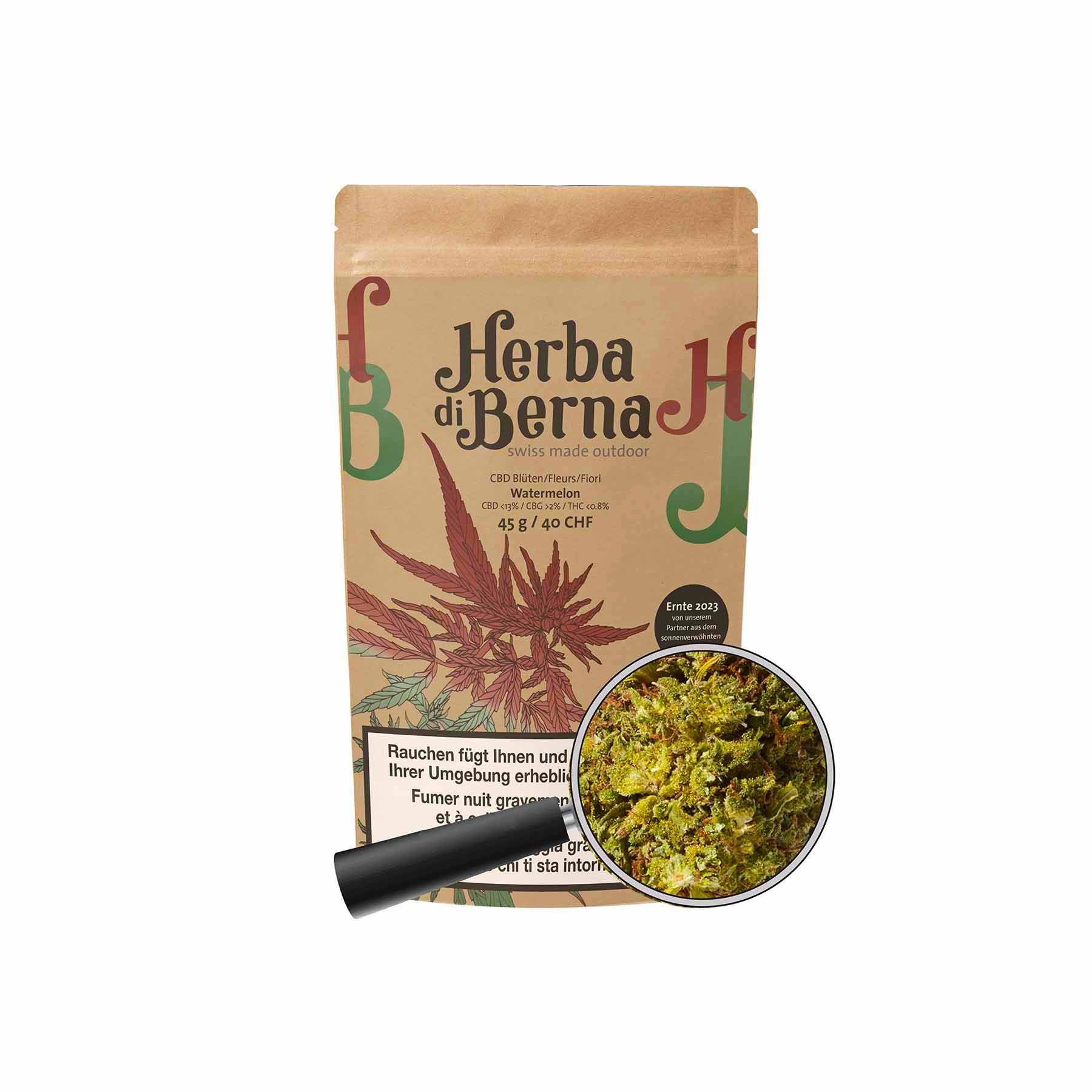 Herba di Berna Watermelon Outdoor 45g – grosse CBD-Blüten mit süss-zitronigem Aroma, 13% CBD, schonend outdoor angebaut