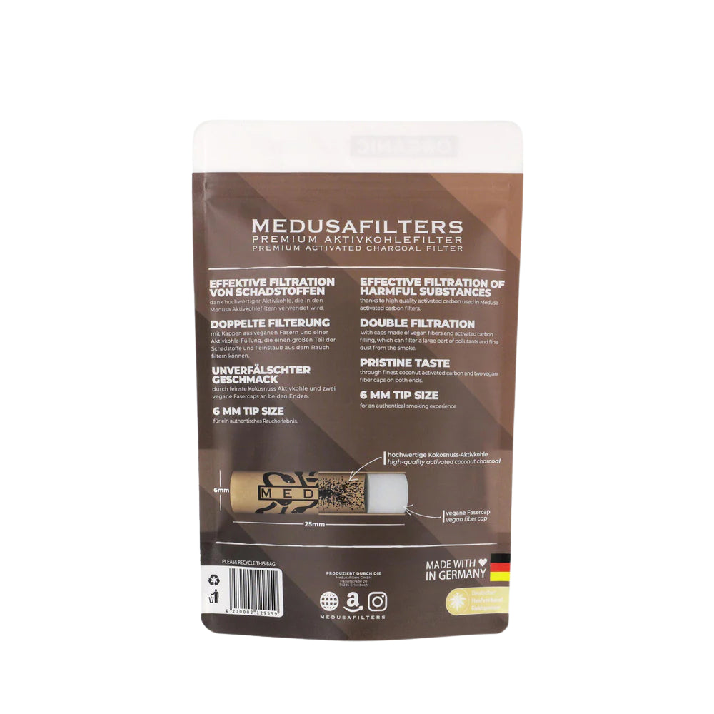 Hinteransicht Medusa Aktivkohlefilter 250 Stück – Rückseite der Packung mit Infos zu Hybridfilter, Kokos-Aktivkohle und veganen Fasern