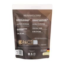 Hinteransicht Medusa Aktivkohlefilter – Rückseite der 1000er Packung mit Infos zu Hybridfilter, Kokos-Aktivkohle und veganen Fasern