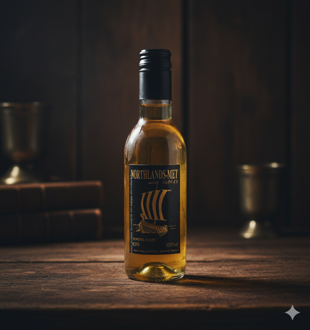 Stimmungsbild Northlands Met – gemütliche, winterliche Szene mit warmem Licht und aromatischem Honigwein