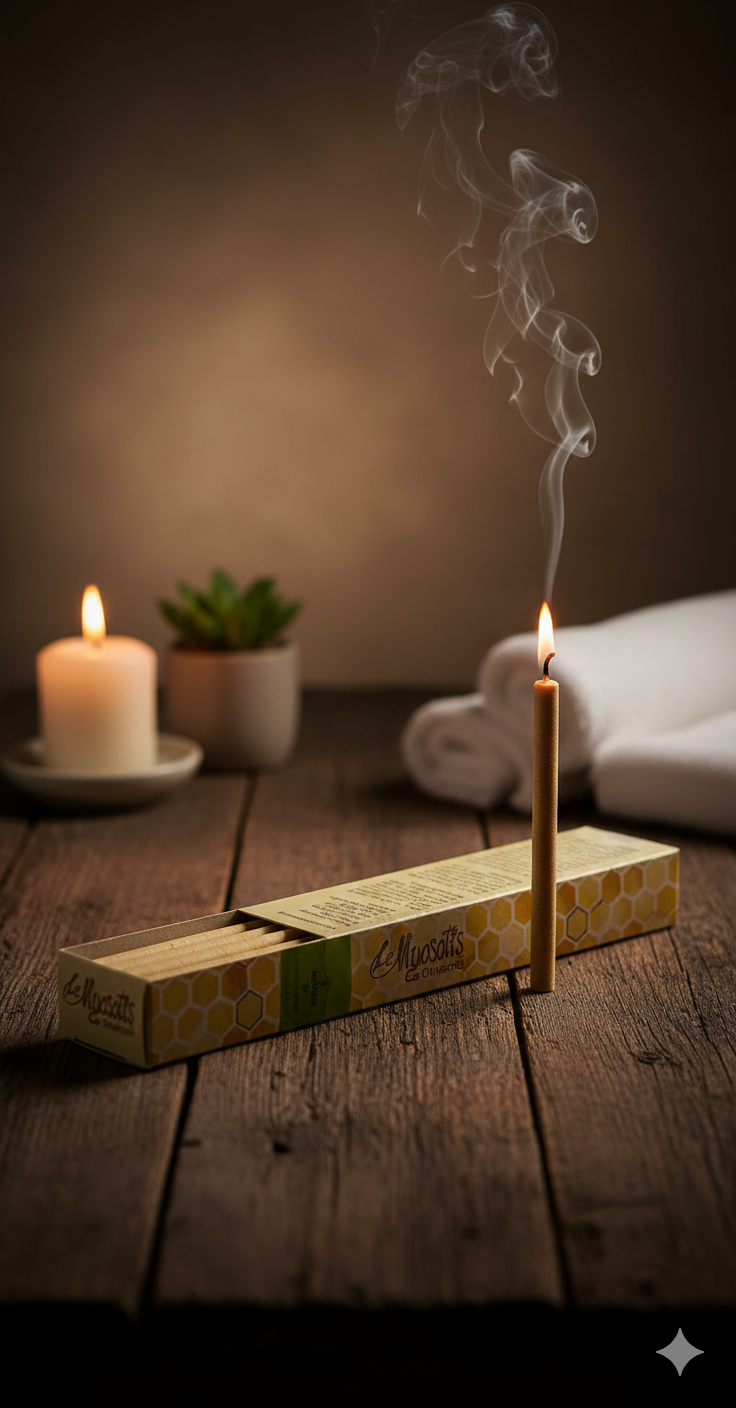 Stimmungsbild Ohrkerzen Lavendel – ruhige Natur‑Szene mit Ohrkerzen, Lavendelblüten und warmem Licht für eine entspannte Atmosphäre