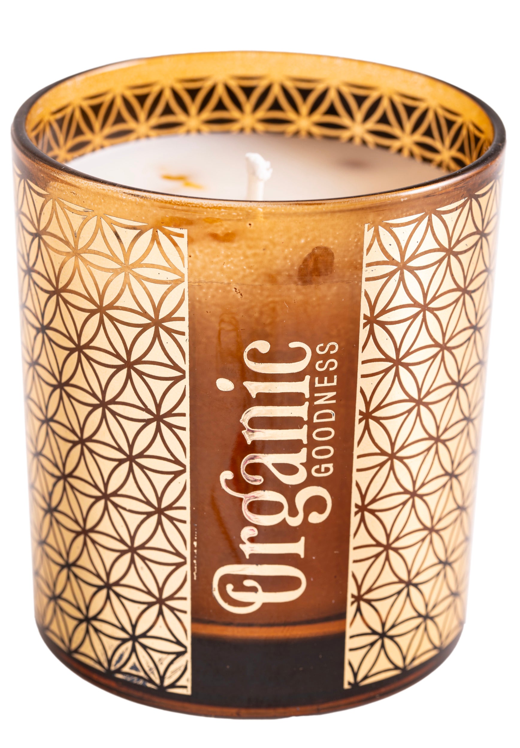 Organic Duftkerze Weihrauch & Myrrhe – natürliche Sojawachs-Kerze mit Blume-des-Lebens-Design, 60h Brenndauer