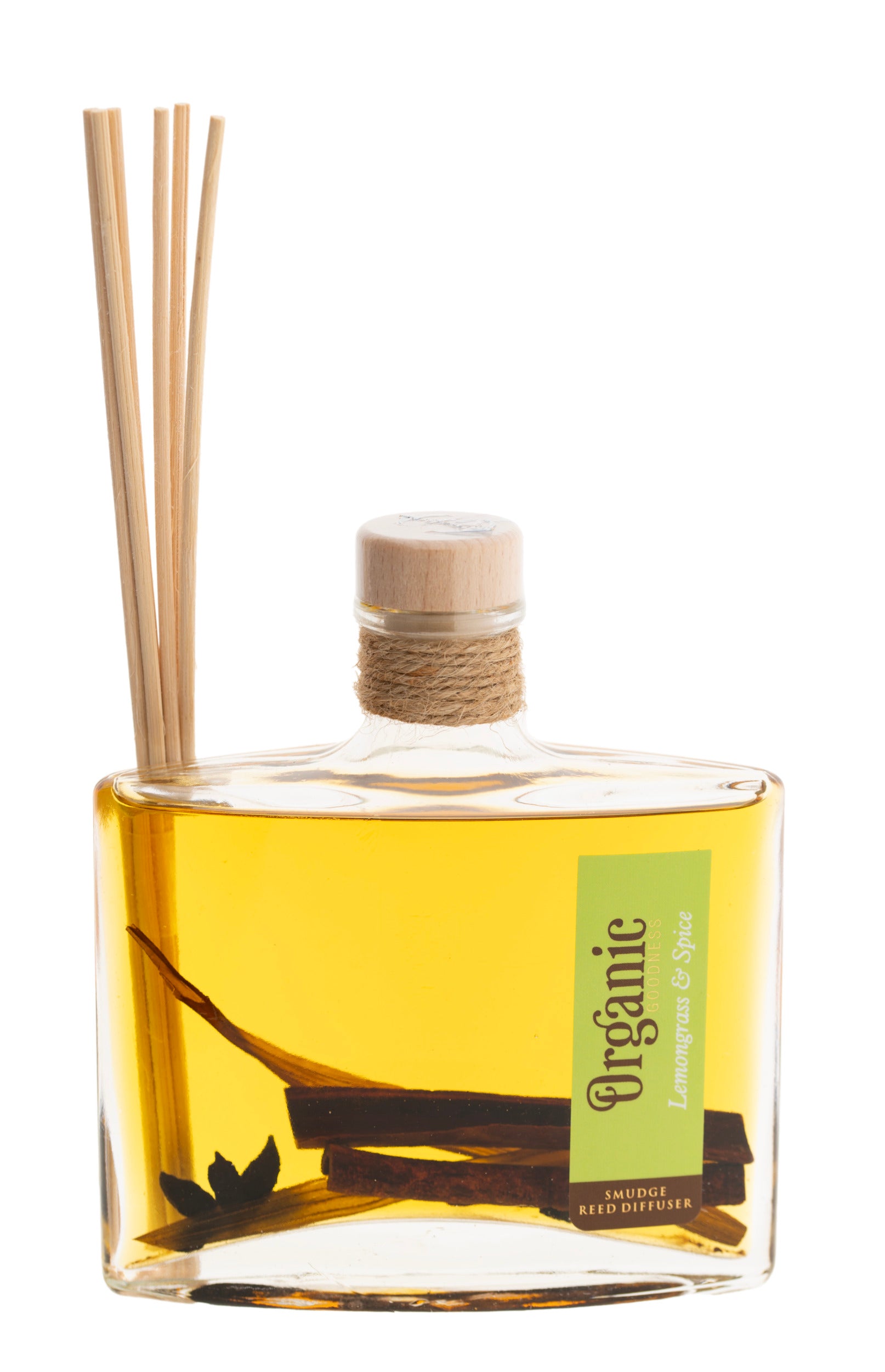 Organic Raumduft Zitronengras und Gewürze in eleganter Glasflasche, 150 ml mit Schilfrohrstäbchen