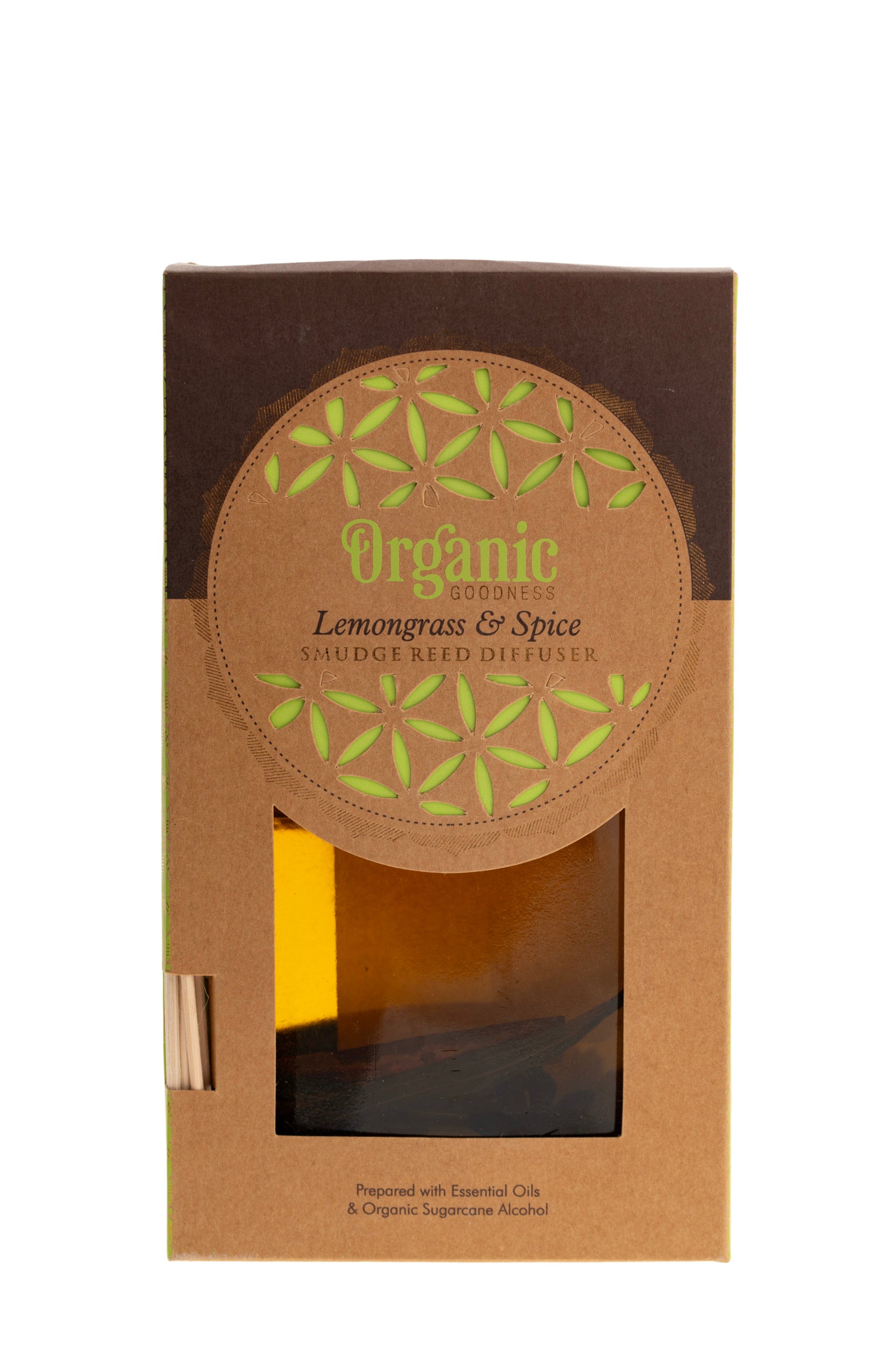 Verpackung des Organic Raumdufts Zitronengras und Gewürze – elegante Box mit 150 ml Glasflasche