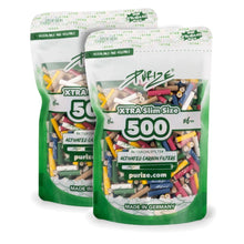 Purize Xtra Slim Aktivkohlefilter 2×500 Multicolor – 1'000 Filter, Keramikkappen, Kokos-Aktivkohle, beidseitig nutzbar