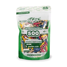 Purize Xtra Slim Aktivkohlefilter 500 Stück – bunte 5.9 mm Filter mit Kokos‑Aktivkohle und beidseitigen Keramikkappen