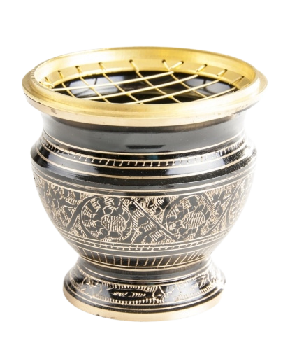 Räucherschale gross mit Netz – Messing schwarz/gold, Ø 9,5 cm, Höhe 7,5 cm, ideal für Harze und Kräuter