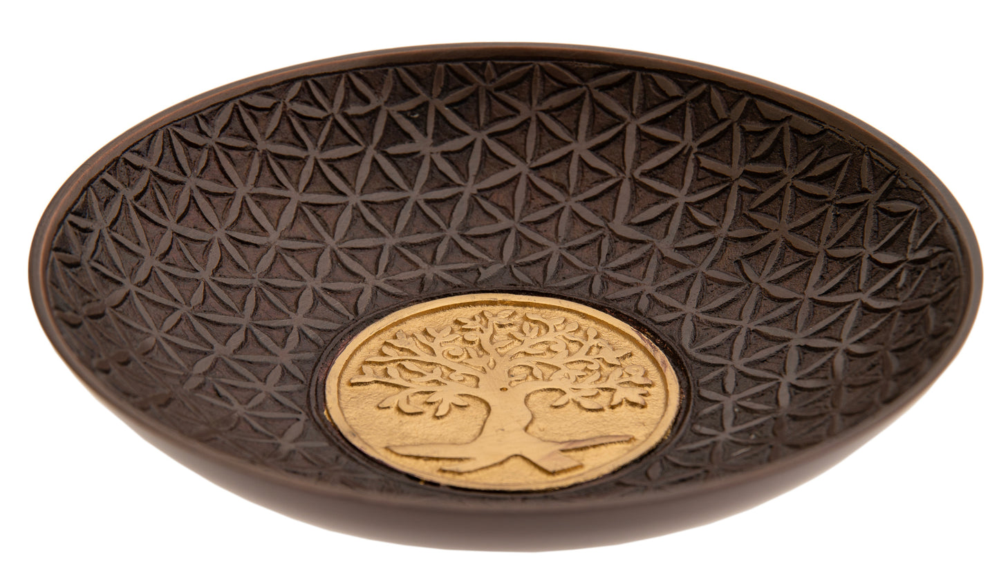 Räucherschale Yggdrasil ø19 cm – antiker Look aus Aluminium im Kupferfinish, goldgeprägter Lebensbaum in der Mitte