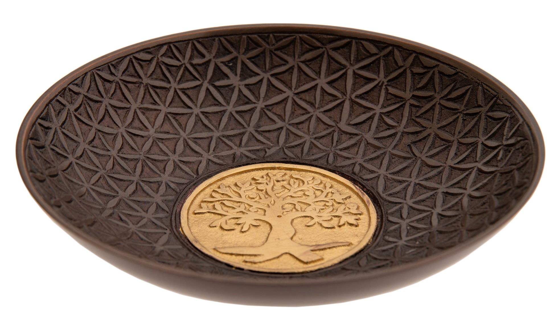 Räucherschale Yggdrasil ø19 cm – antiker Look aus Aluminium im Kupferfinish, goldgeprägter Lebensbaum in der Mitte