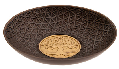 Räucherschale Yggdrasil ø19 cm – antiker Look aus Aluminium im Kupferfinish, goldgeprägter Lebensbaum in der Mitte