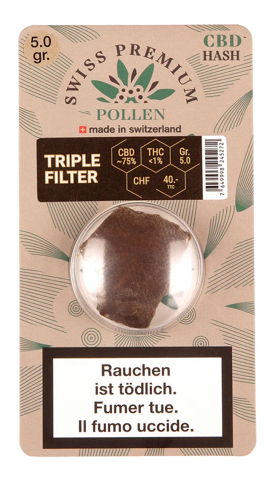 Swiss Premium Pollen Triple Filter 5g – dunkler CBD‑Pollen aus 3‑fach Kaltextraktion, ca. 75% CBD, erdiges Aroma