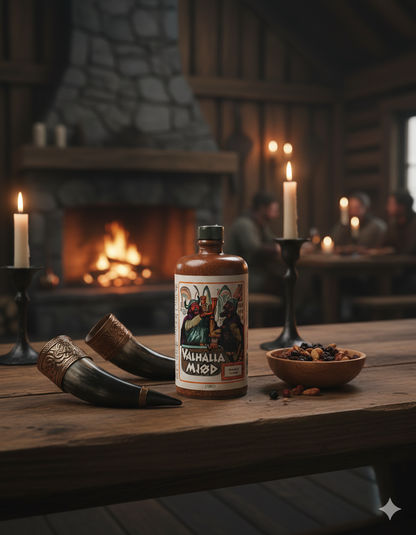 Stimmungsbild Valhalla Mjød – nordisch-warme Szene mit Steinkrug, Honignoten und traditioneller Met-Atmosphäre